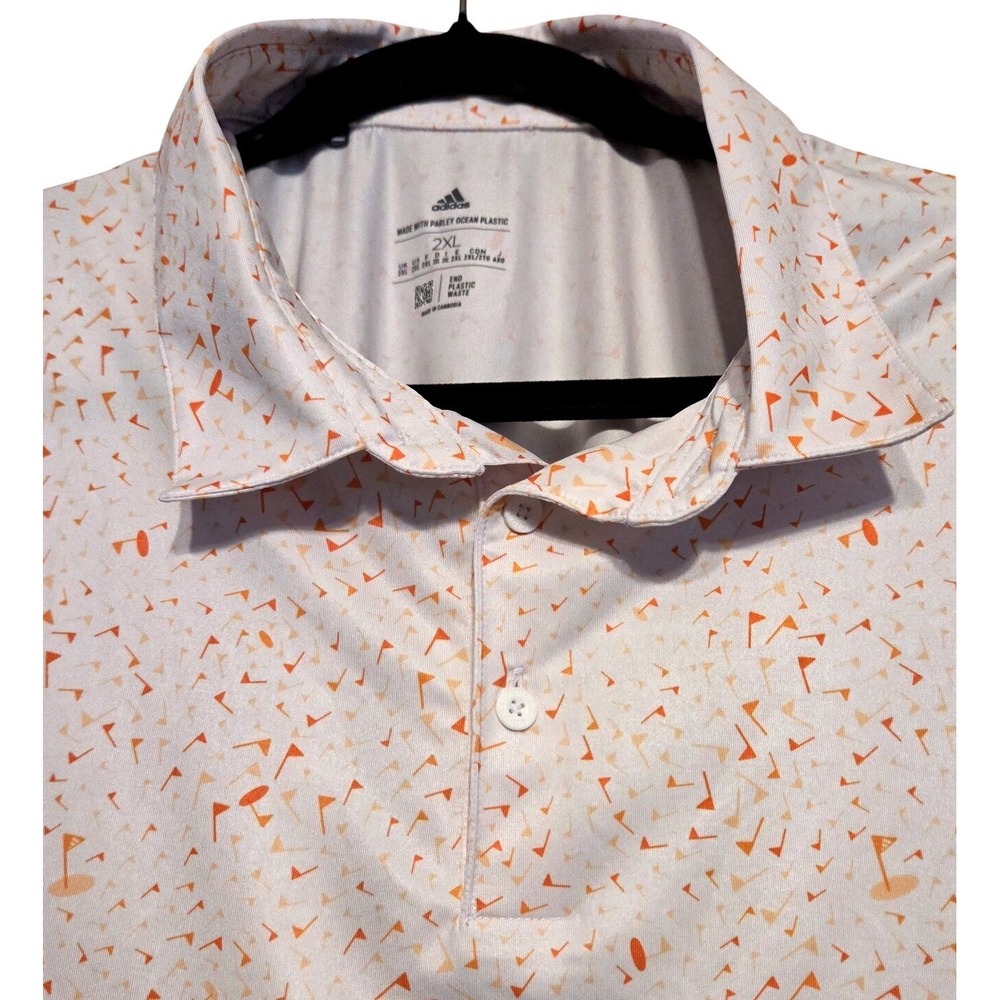 Adidas Golf Polo Mens 2XL White Orange Flag Print Parley Ocean Plastic Shirt